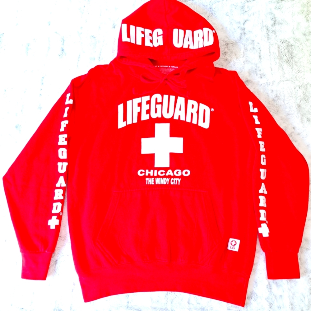 Lifeguard brand red and white lifeguard hooded sweatshirt.  Size M.